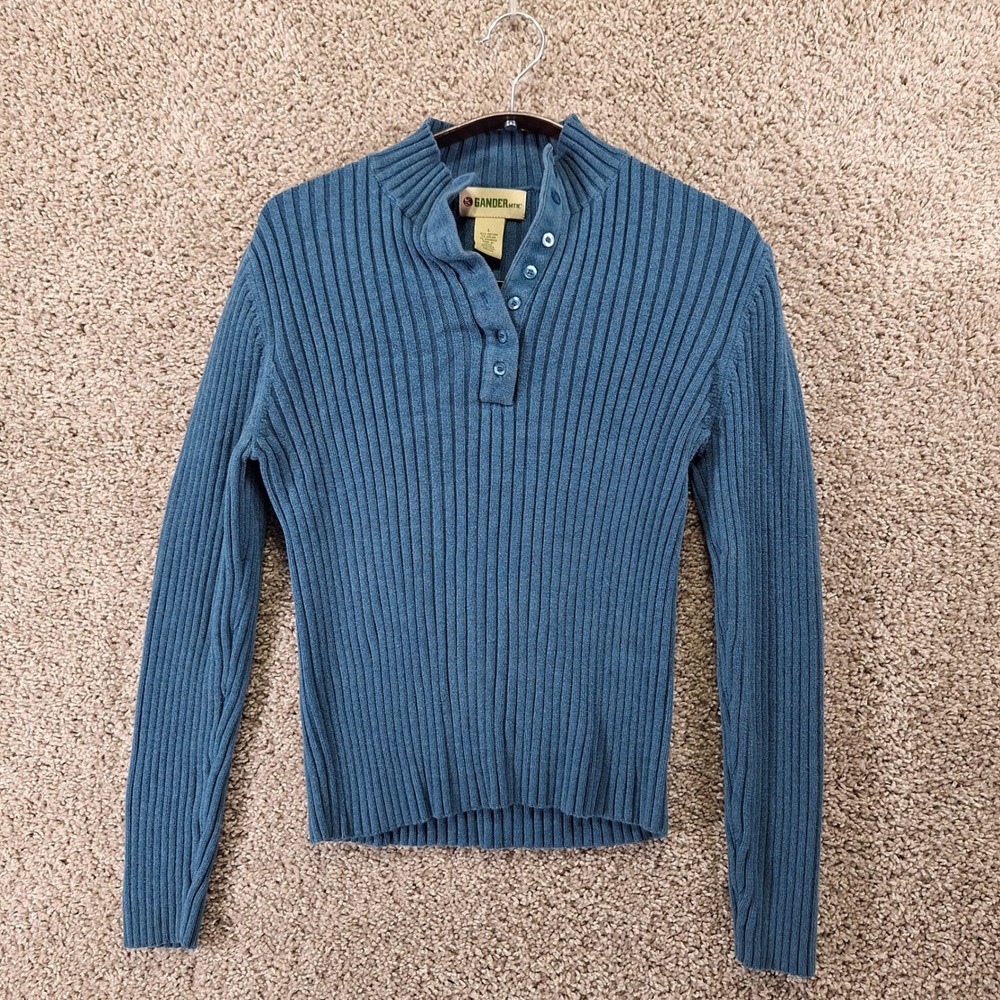 Gander Mountain Sweater Womens L Blue Henley Ribbed Knit Mock Neck Long Sleeve